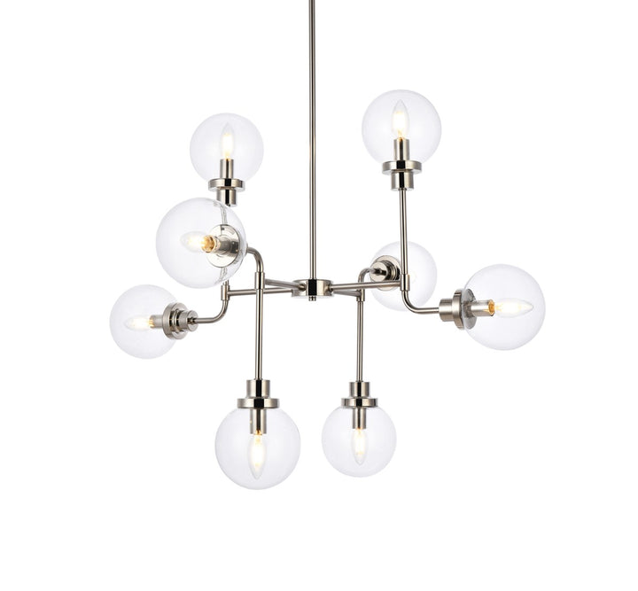 8 lights pendant in polished nickel with clear shade