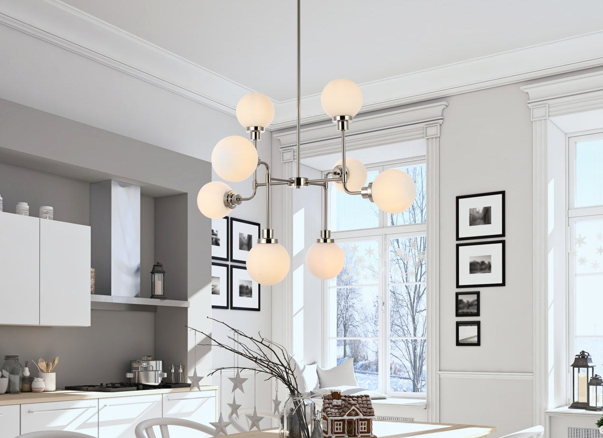 8 lights pendant in polished nickel with frosted shade