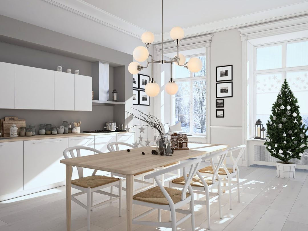 8 lights pendant in polished nickel with frosted shade