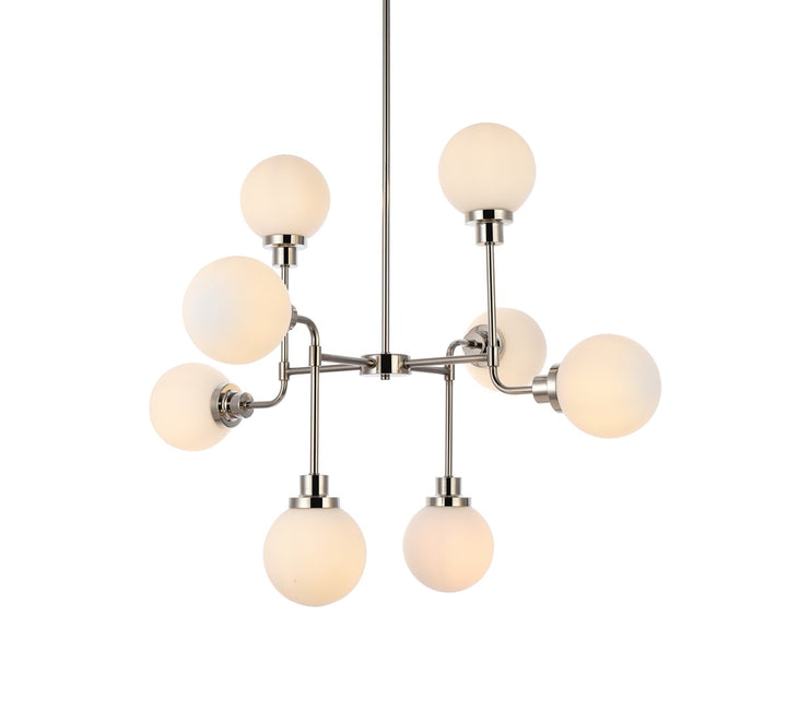 8 lights pendant in polished nickel with frosted shade