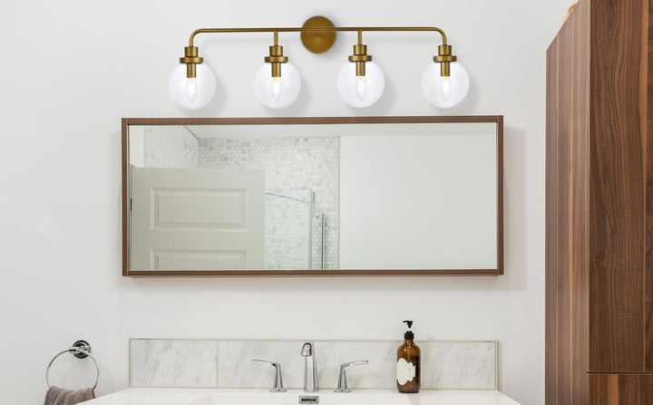 4 Lights Bath Sconce In Brass With Clear Shade