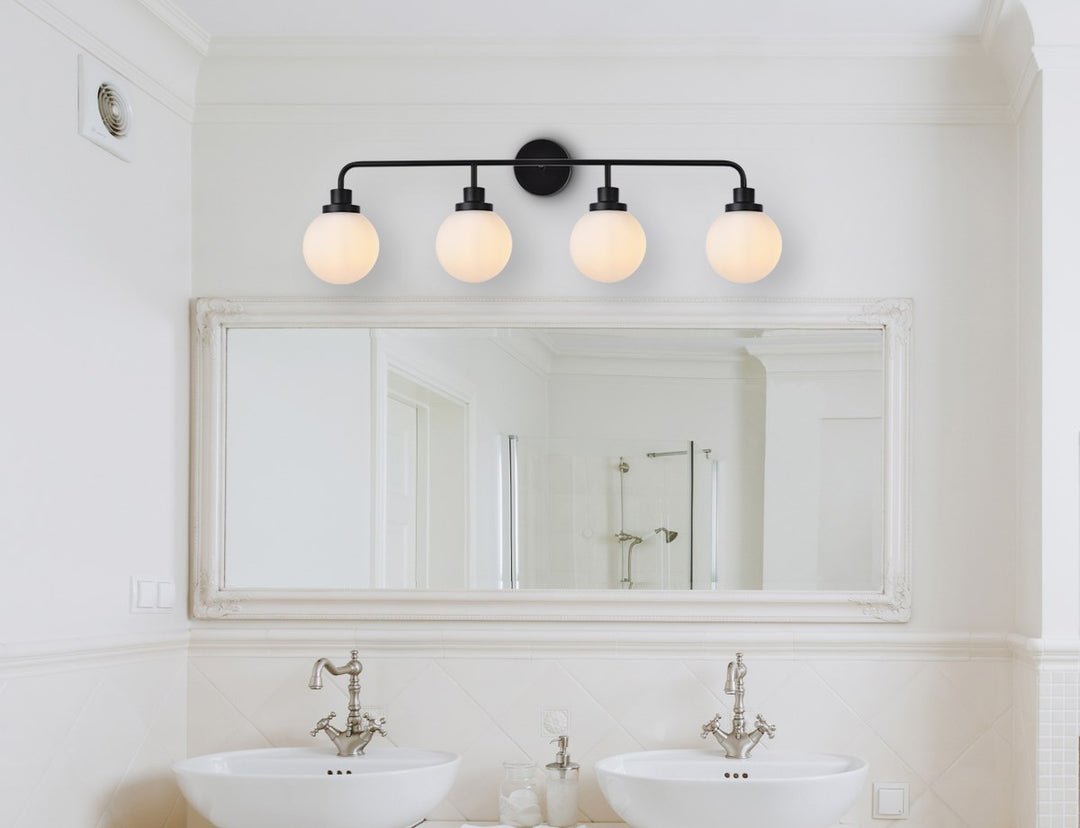 4 Lights Bath Sconce In Black With Frosted Shade