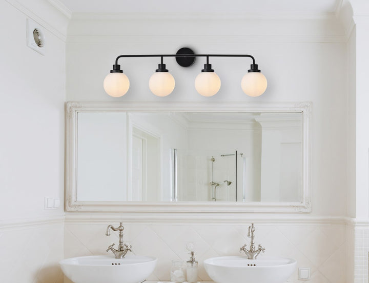 4 Lights Bath Sconce In Black With Frosted Shade