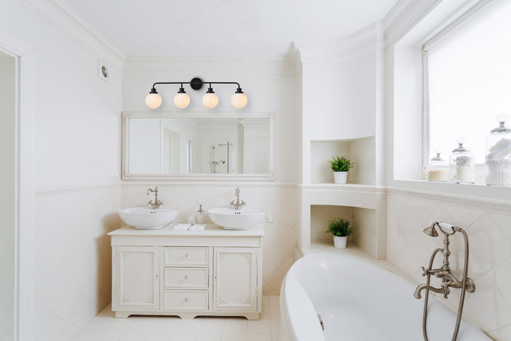 4 Lights Bath Sconce In Black With Frosted Shade