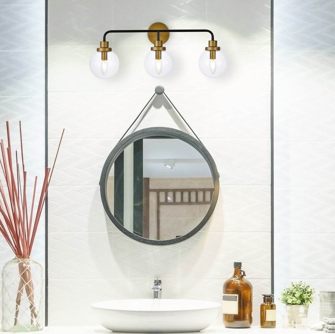 3 Lights Bath Sconce In Black With Brass With Clear Shade