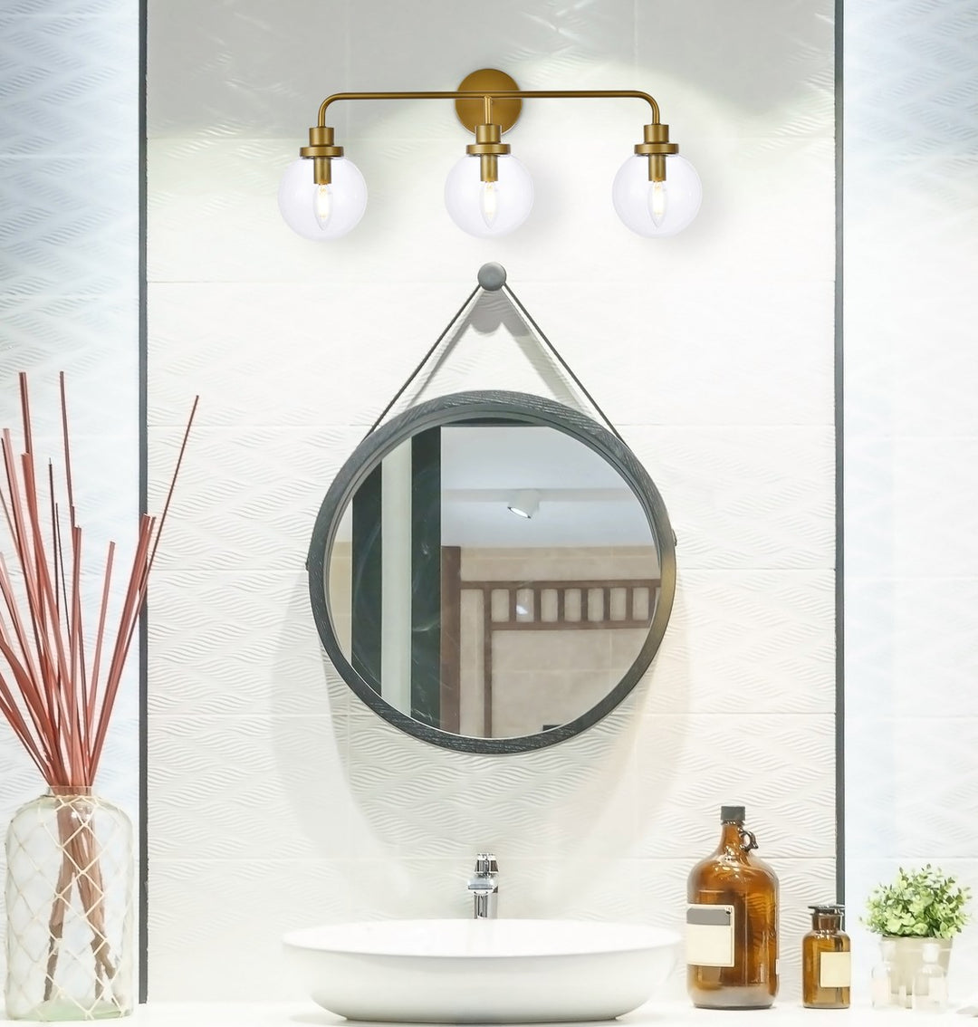 3 Lights Bath Sconce In Brass With Clear Shade