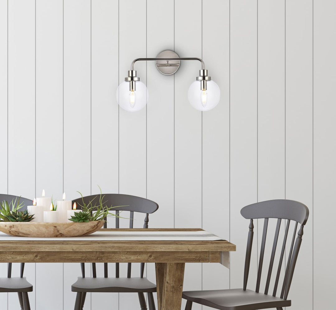 2 lights bath sconce in polished nickel with clear shade