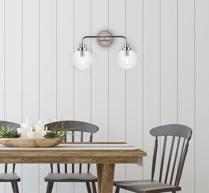 2 lights bath sconce in polished nickel with clear shade