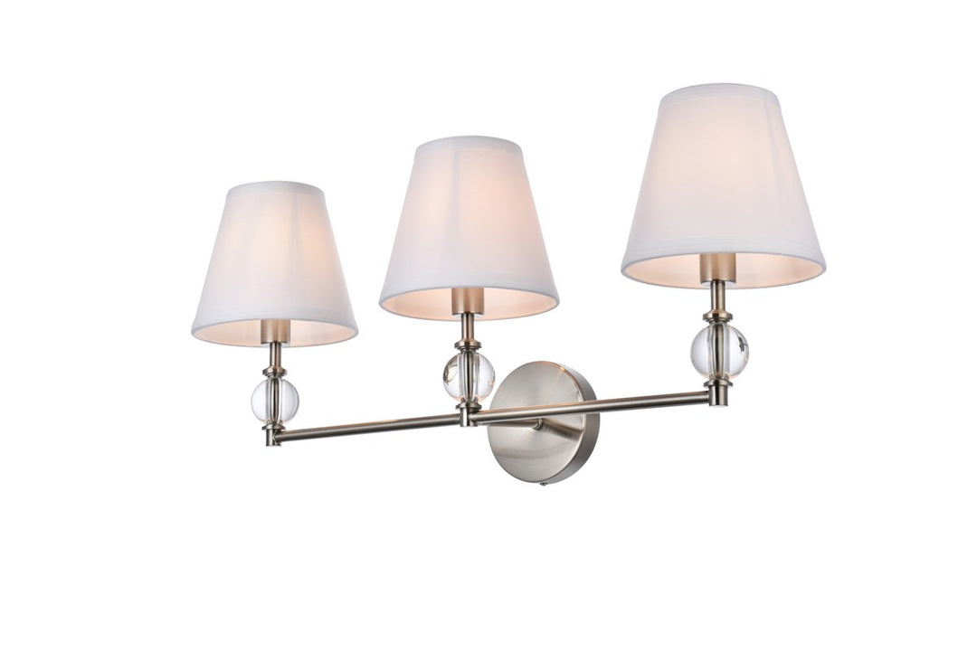 3 lights bath sconce in satin nickel with white fabric shade