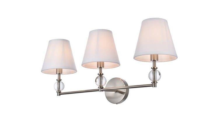3 lights bath sconce in satin nickel with white fabric shade