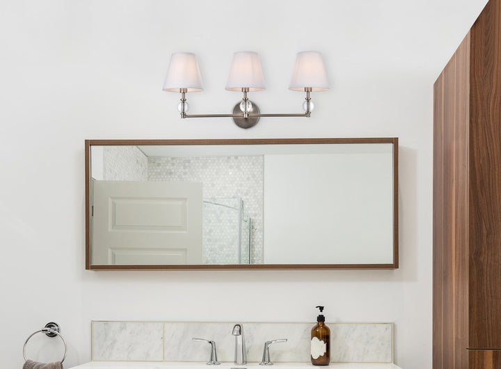 3 lights bath sconce in satin nickel with white fabric shade