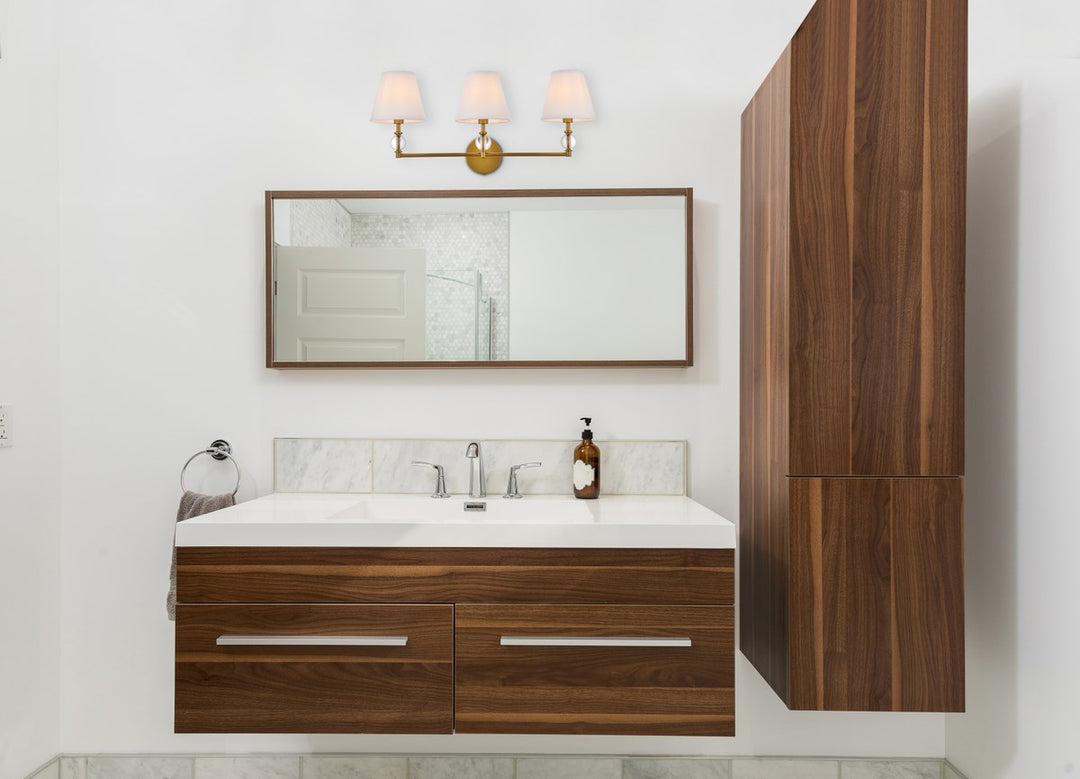 3 Lights Bath Sconce In Brass With White Fabric Shade