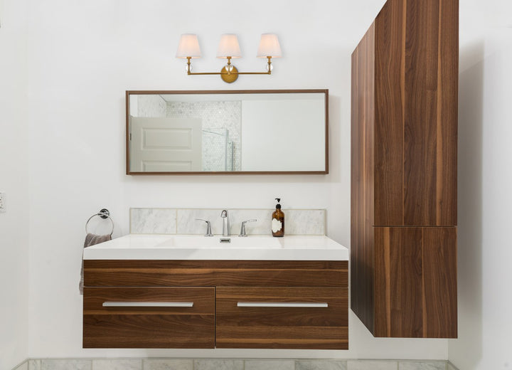 3 Lights Bath Sconce In Brass With White Fabric Shade