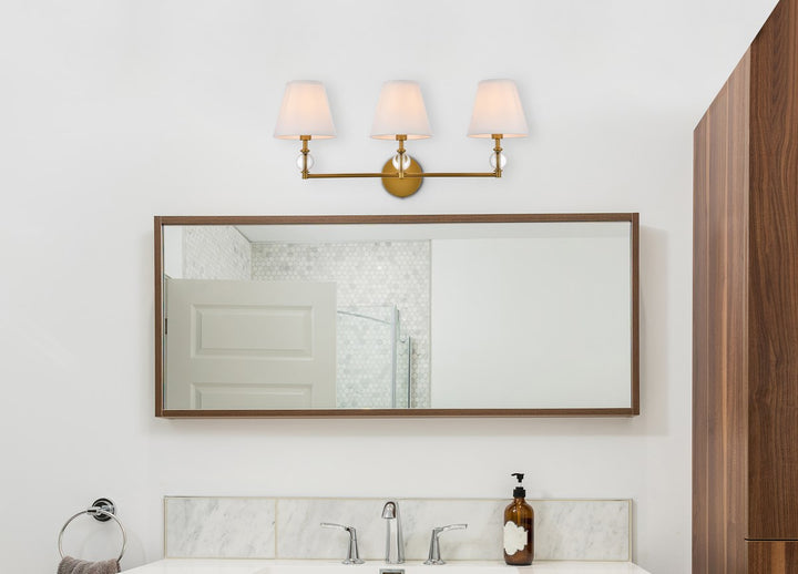 3 Lights Bath Sconce In Brass With White Fabric Shade