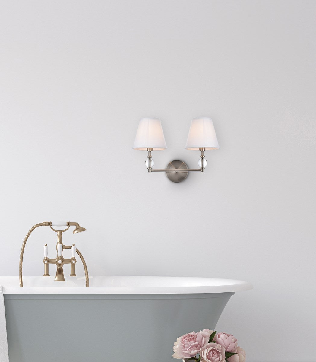 2 lights bath sconce in satin nickel with white fabric shade