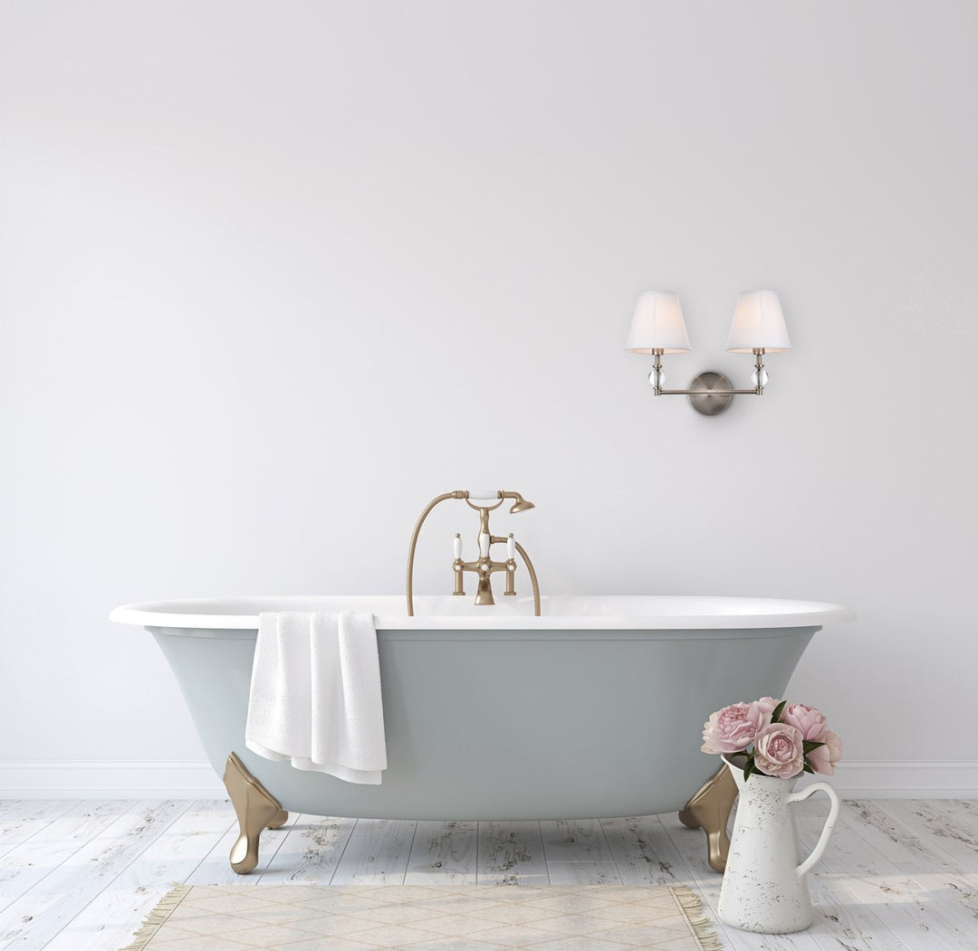 2 lights bath sconce in satin nickel with white fabric shade