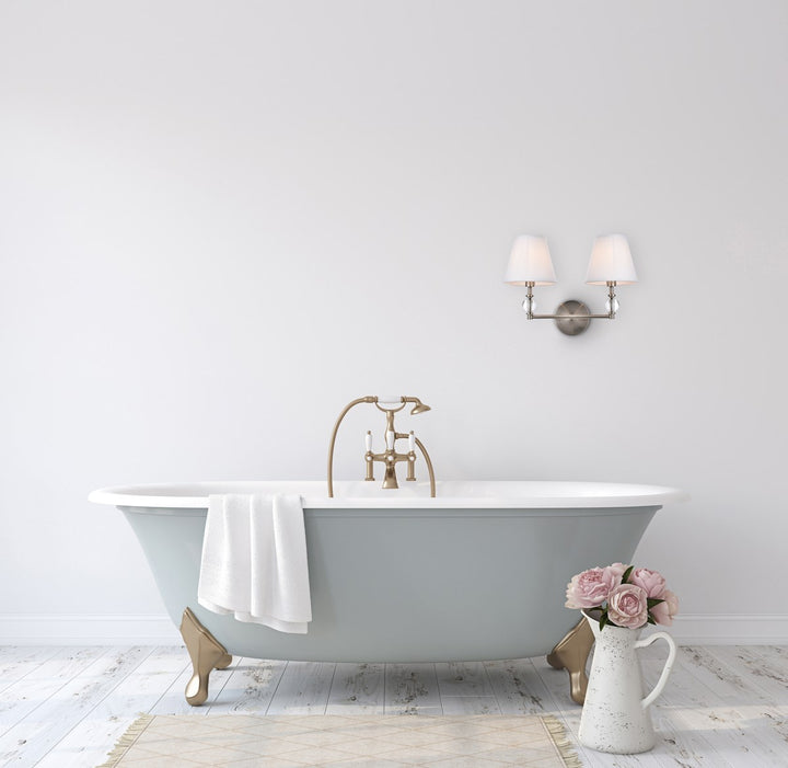 2 lights bath sconce in satin nickel with white fabric shade