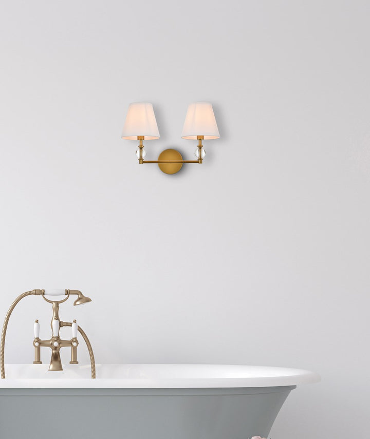 2 Lights Bath Sconce In Brass With White Fabric Shade