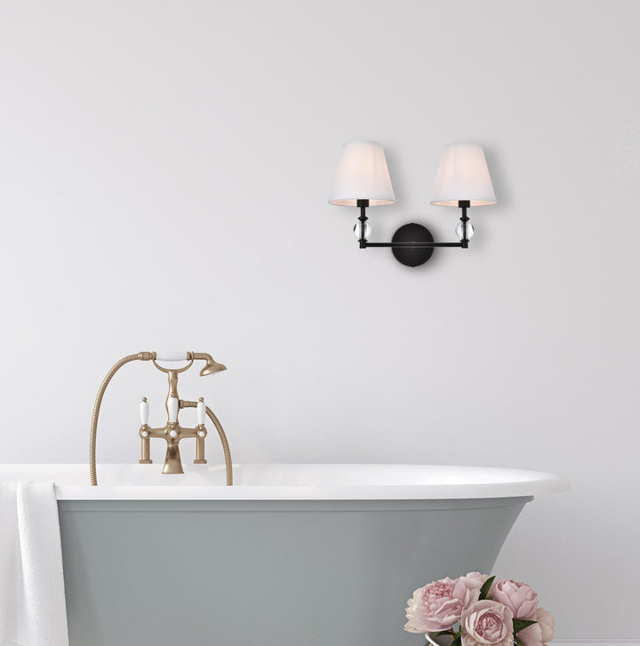 2 Lights Bath Sconce In Black With White Fabric Shade