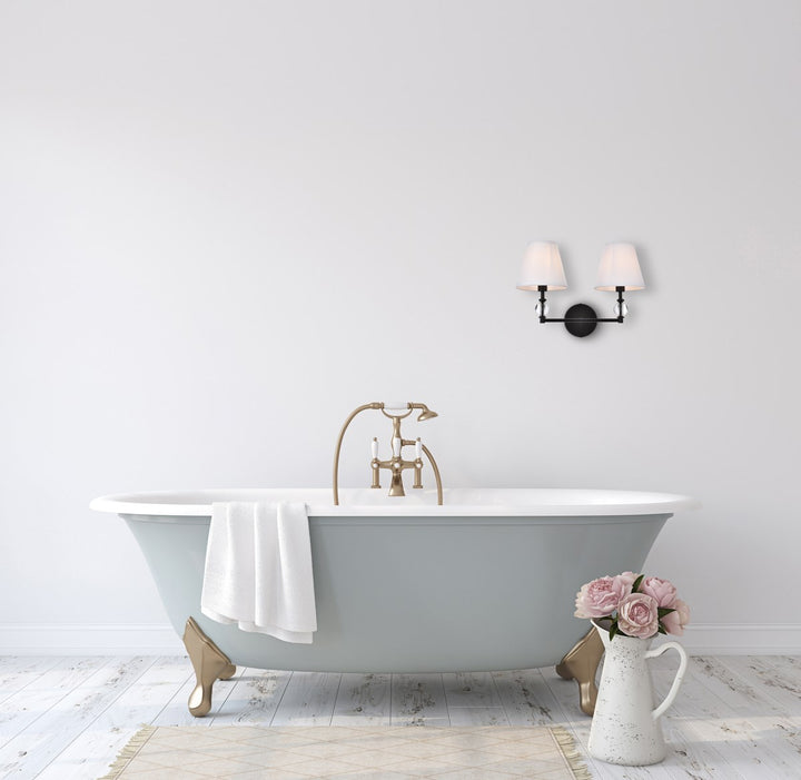 2 Lights Bath Sconce In Black With White Fabric Shade