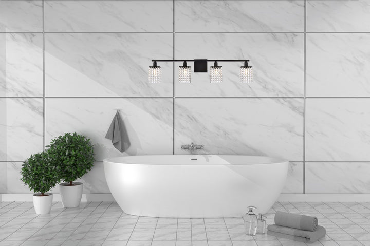 4 Lights Bath Sconce In Black With Clear Crystals