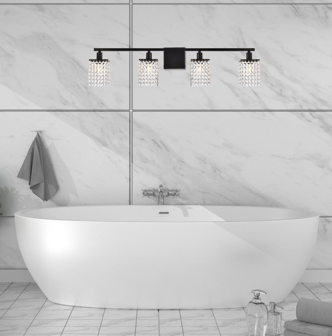 4 Lights Bath Sconce In Black With Clear Crystals