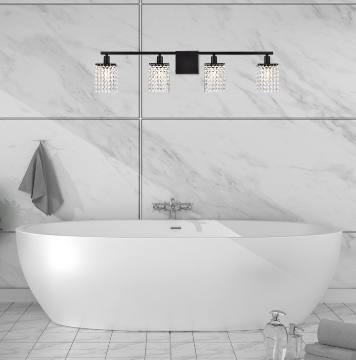 4 Lights Bath Sconce In Black With Clear Crystals