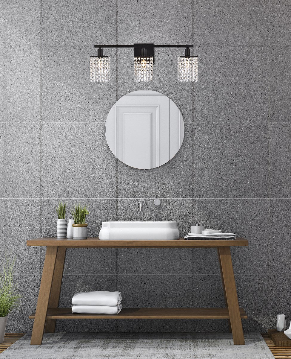 3 Lights Bath Sconce In Black With Clear Crystals
