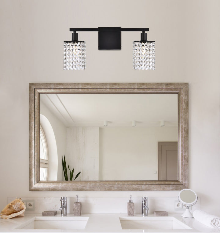 2 Lights Bath Sconce In Black With Clear Crystals