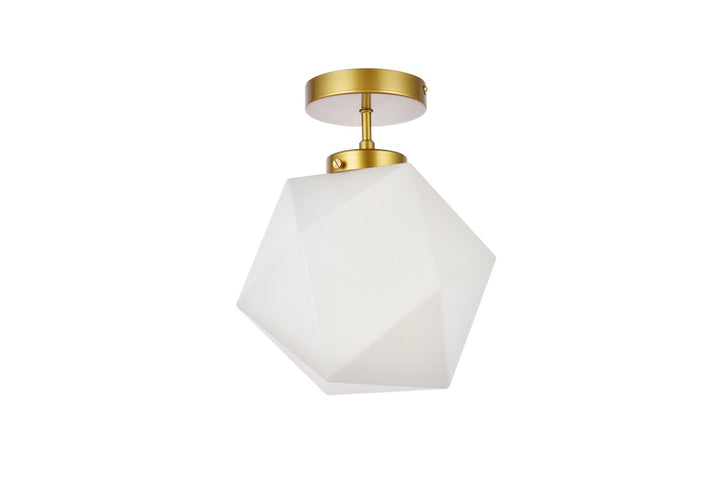 1 Light Brass And White Glass Flush Mount