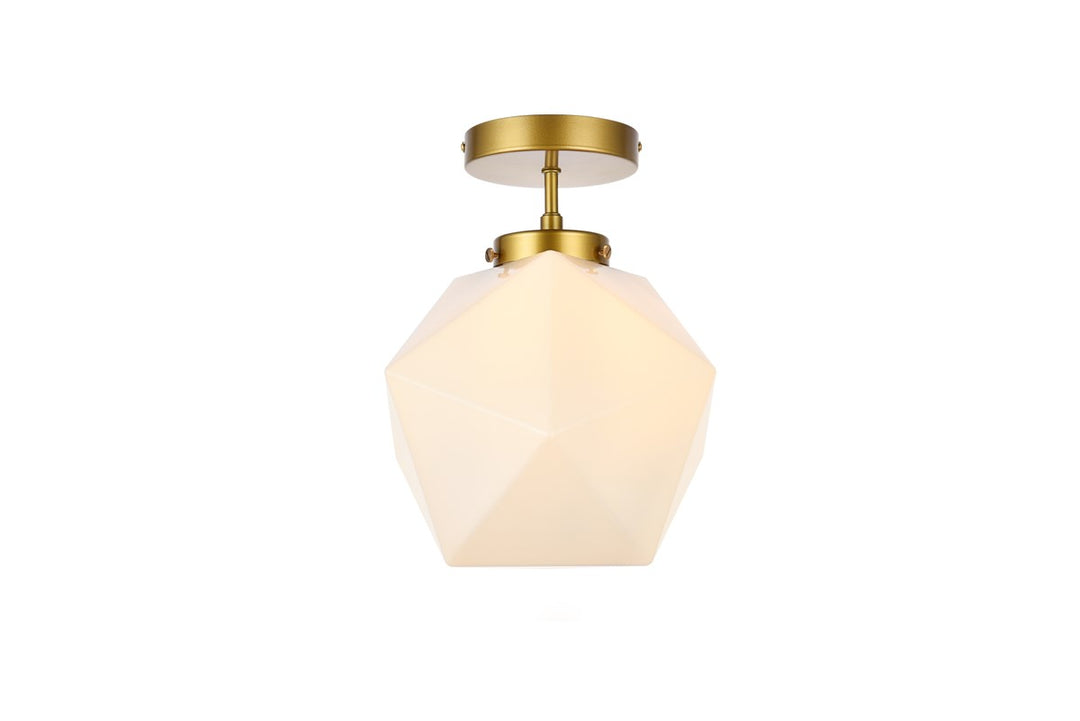 1 Light Brass And White Glass Flush Mount