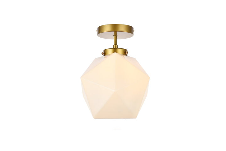 1 Light Brass And White Glass Flush Mount