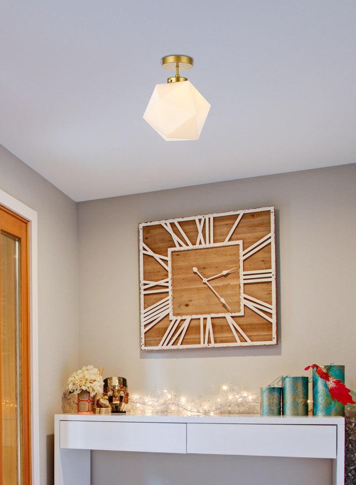 1 Light Brass And White Glass Flush Mount