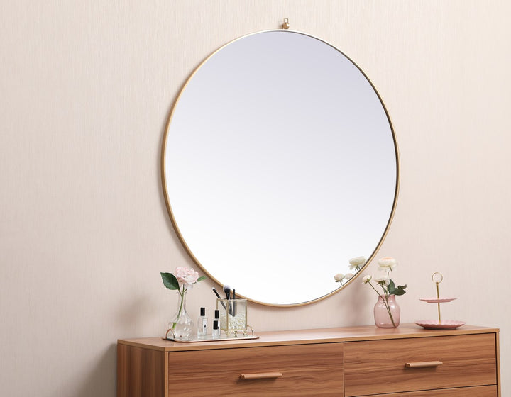 Metal Frame Round Mirror With Decorative Hook 45 Inch In Brass