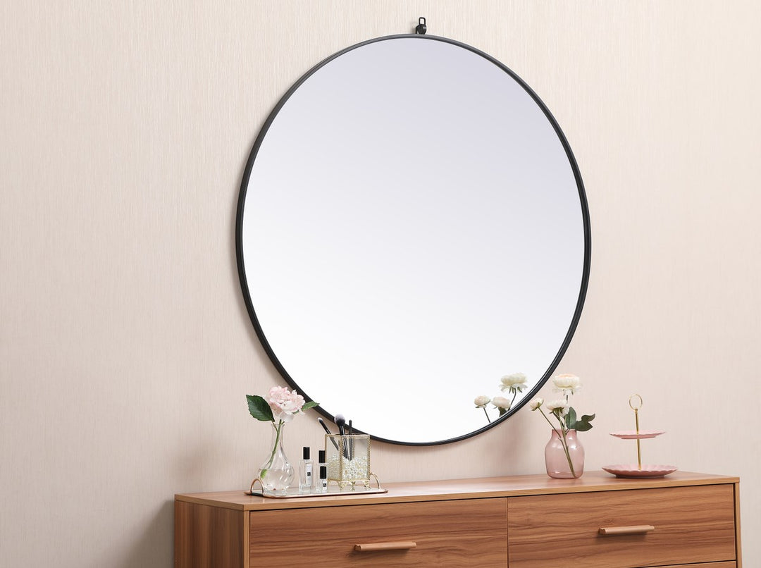 Metal Frame Round Mirror With Decorative Hook 45 Inch In Black