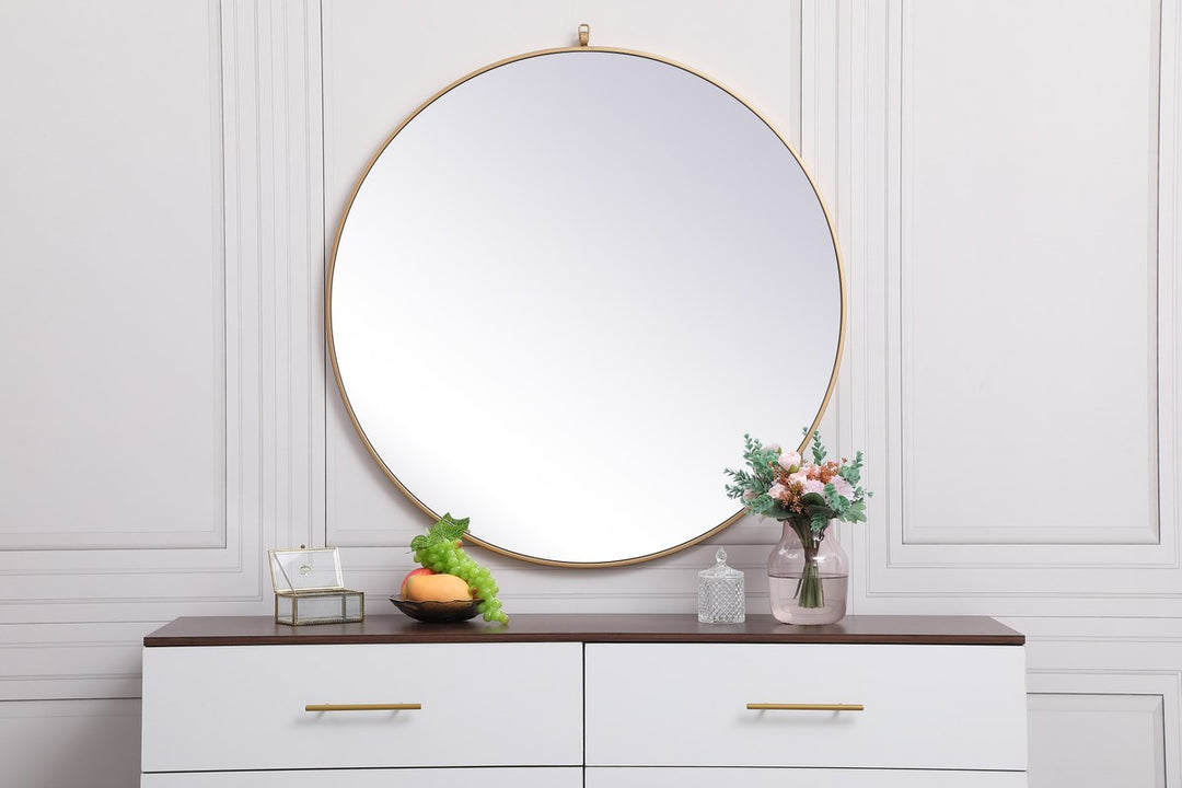 Metal Frame Round Mirror With Decorative Hook 39 Inch In Brass