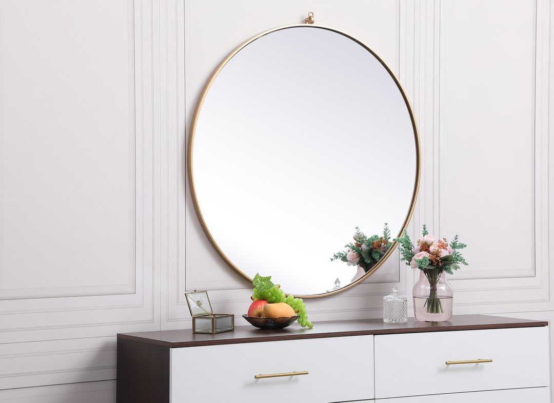 Metal Frame Round Mirror With Decorative Hook 39 Inch In Brass