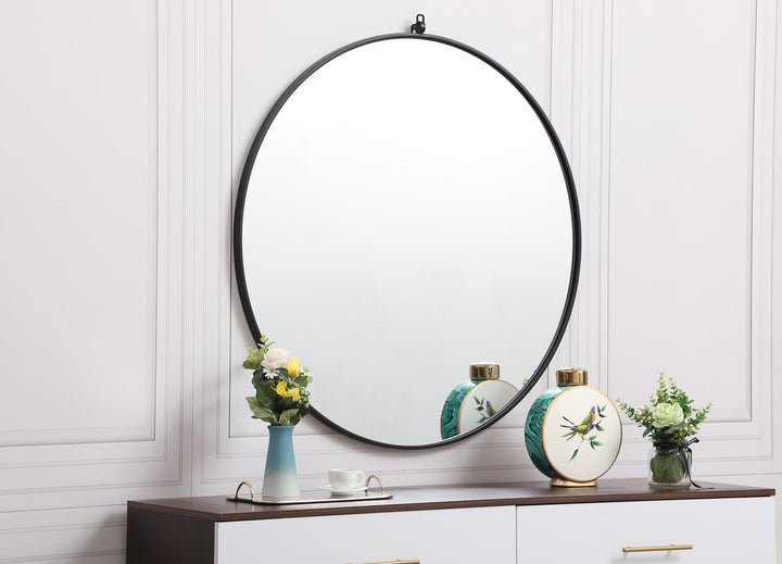 Metal Frame Round Mirror With Decorative Hook 39 Inch In Black