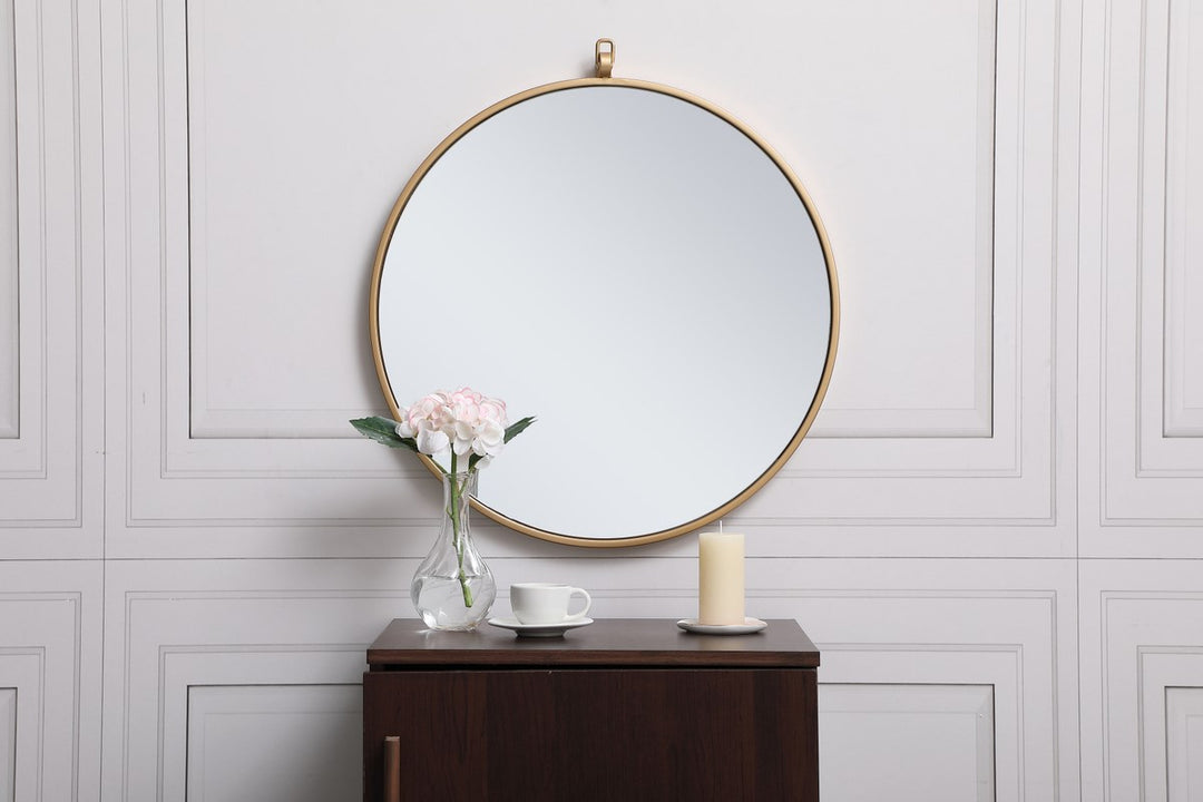 Metal Frame Round Mirror With Decorative Hook 21 Inch In Brass