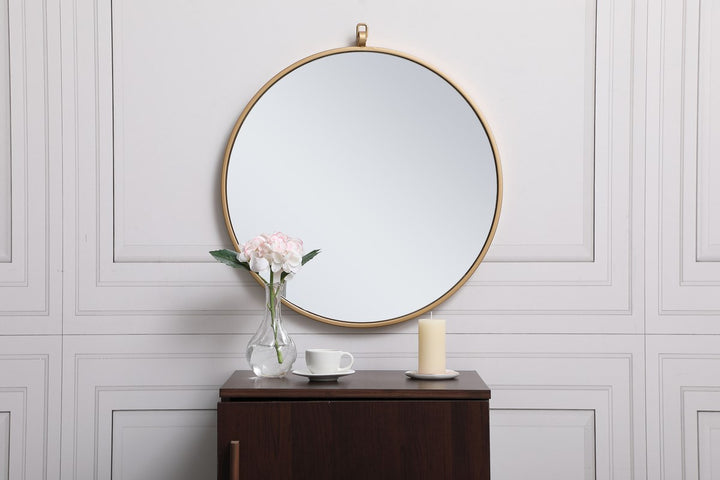 Metal Frame Round Mirror With Decorative Hook 21 Inch In Brass