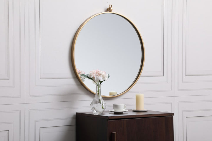 Metal Frame Round Mirror With Decorative Hook 21 Inch In Brass
