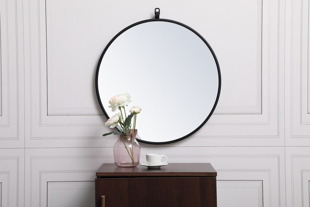 Metal Frame Round Mirror With Decorative Hook 21 Inch In Black