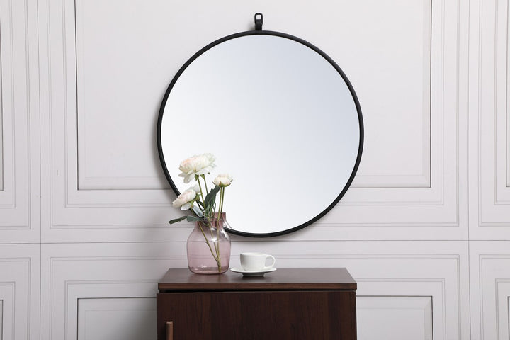 Metal Frame Round Mirror With Decorative Hook 21 Inch In Black