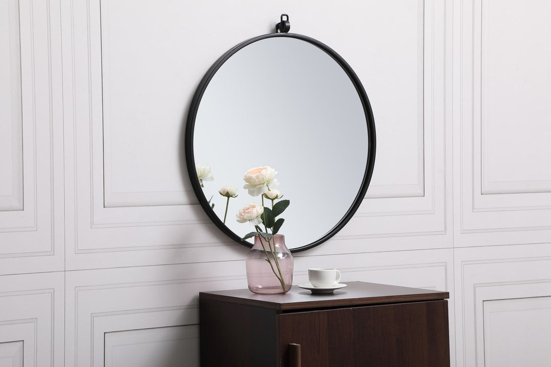 Metal Frame Round Mirror With Decorative Hook 21 Inch In Black