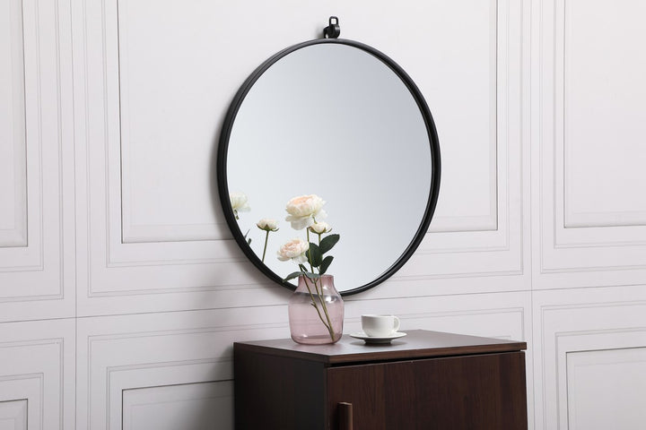 Metal Frame Round Mirror With Decorative Hook 21 Inch In Black