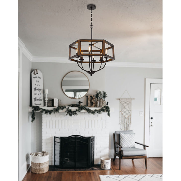 60W X 6  Hexagon Rubber Wood / Metal Chandelier