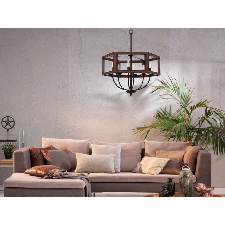 60W X 6  Hexagon Rubber Wood / Metal Chandelier