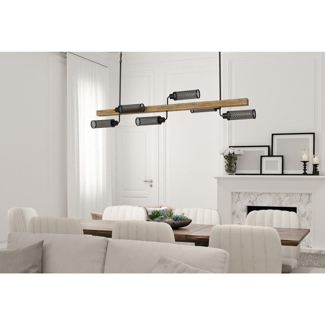 60W X 6  Pine Wood Island Chandelier With Metal Mesh Shades