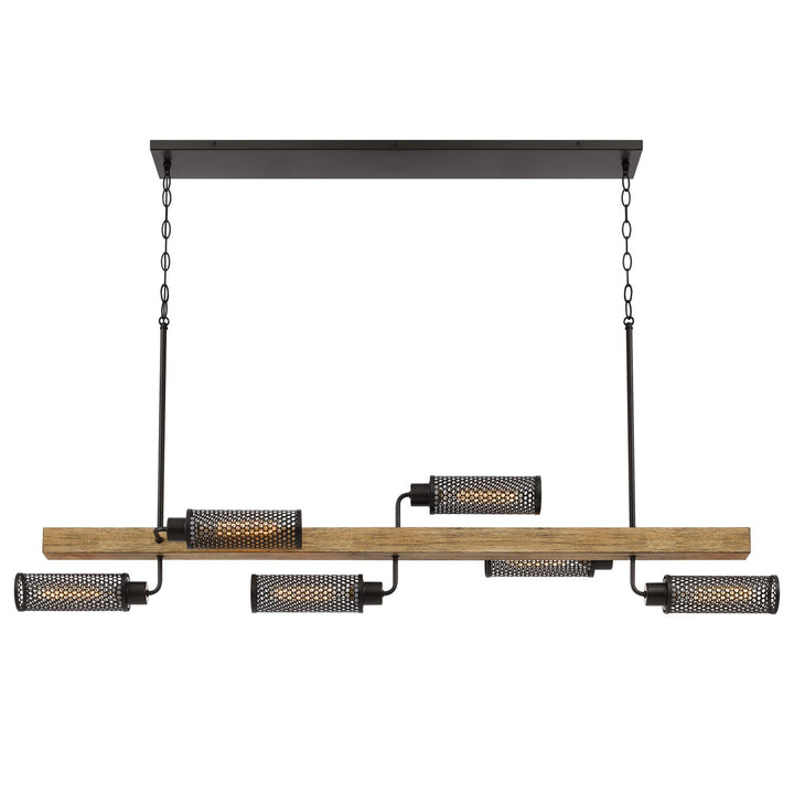 60W X 6  Pine Wood Island Chandelier With Metal Mesh Shades