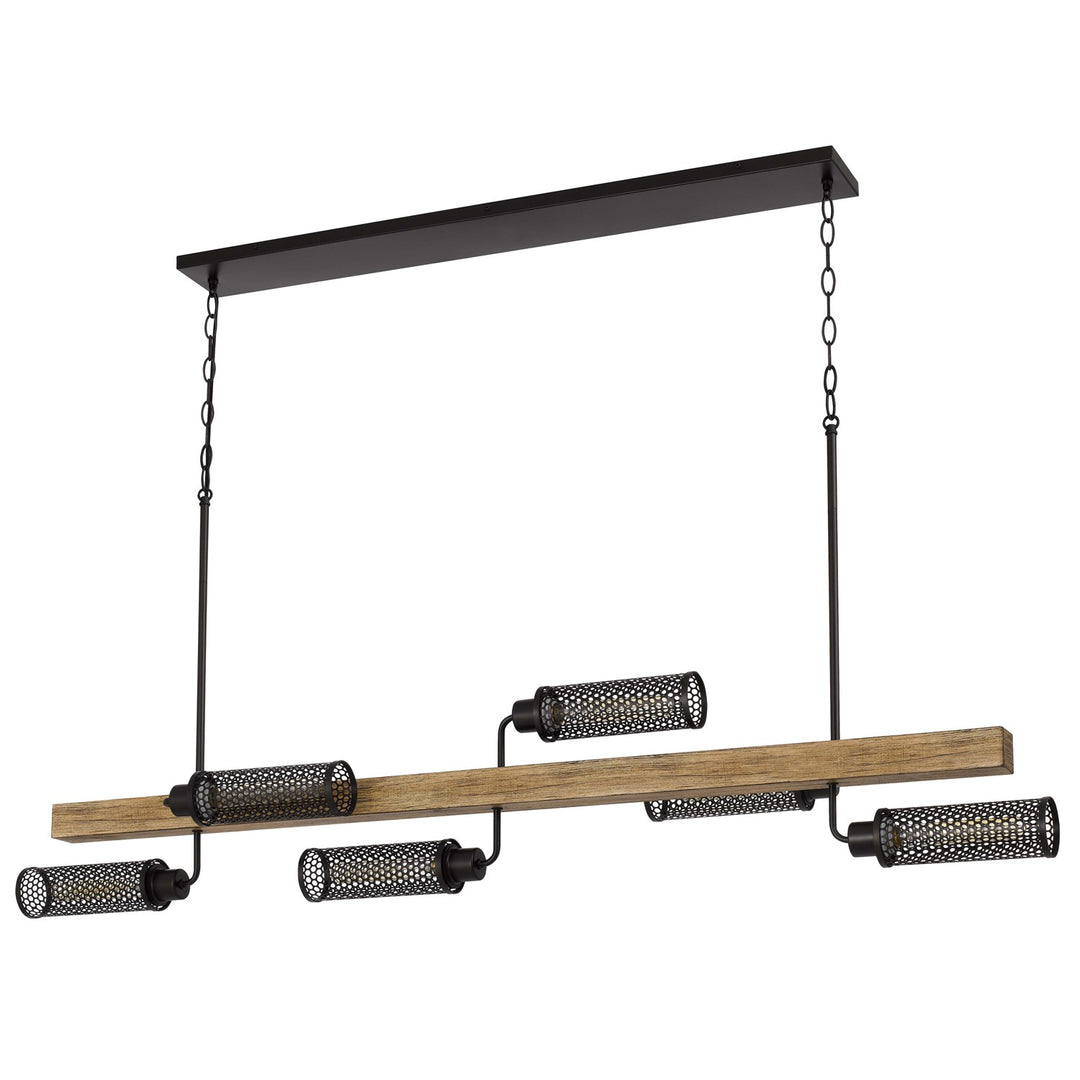 60W X 6  Pine Wood Island Chandelier With Metal Mesh Shades